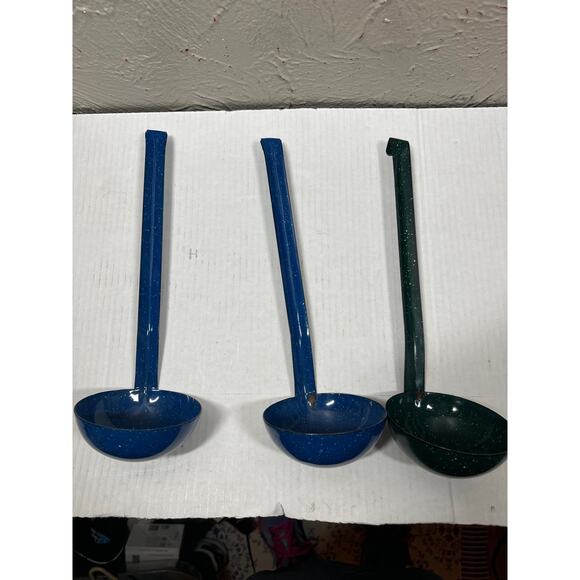 Vintage Enamelware Large Ladle Dipper Graniteware Speckled Blue 12 Inch lot of 3 - Picture 1 of 2